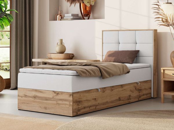 Boxspringbett ALBERO 1 90x200 mit Stauraum, 7-Zonen Multipocket Matratze H4, Bettkasten mit Federautomat, Öffnungsseite wählbar, Hotelbett - Weiß Kunstleder - Topper Visco - Rechts