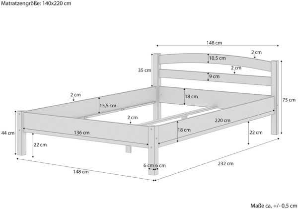 Überlanges Doppelbett Echtholzbett Buche 140x220 Holzbett Zubehör wählbar V-60.73-14-220ohne Zubehör Bild 4
