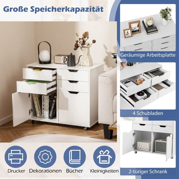Rollcontainer mit 4 Schubladen und 2 Türen Aktenschrank mit Rollen Druckerständer Weiß