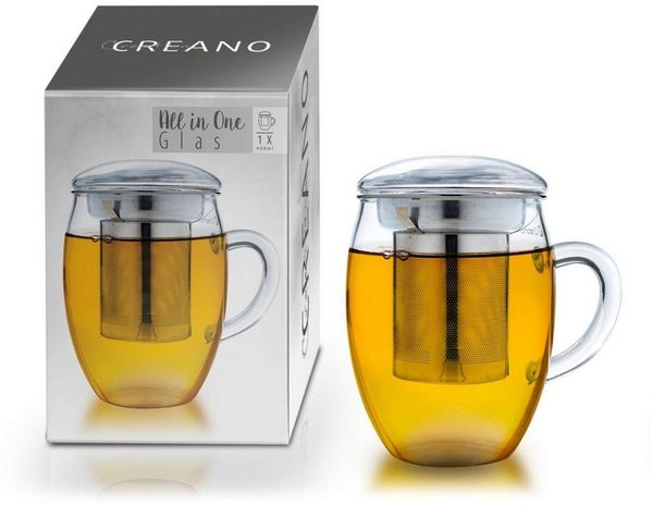 Creano Teeglas Teeglas “All in One” mit Edelstahlsieb und Glasdeckel, 400ml, 3-tlg, Borosilikatglas, 3-teilig