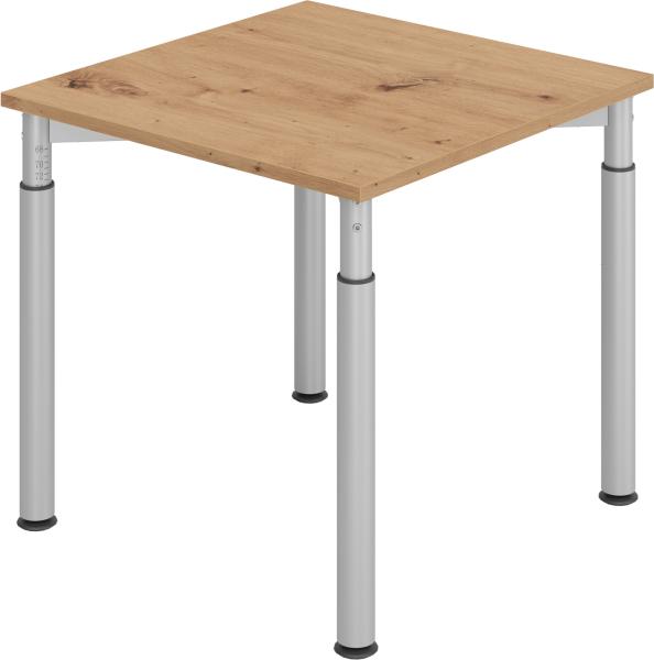 bümö höhenverstellbarer Schreibtisch 80x80 cm in Asteiche, Gestell silber - PC Tisch höhenverstellbar & klein, höhenverstellbarer Tisch Büro, kleiner Computertisch verstellbar, Y-Serie, YS-08-R-S