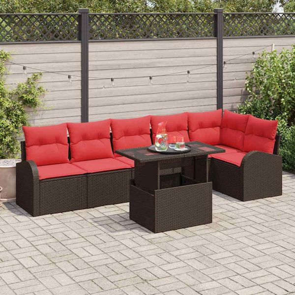 vidaXL Gartensofa-set mit Speicher 7 pcs Braun und Rot Poly-Rattan 3348660
