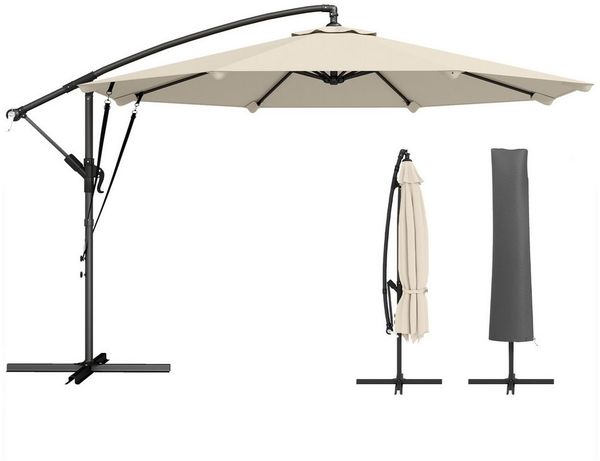Outsunny Ampelschirm mit Kurbel, Kreuzfuß, Windseilen, Schutzhülle, LxB: 295x295 cm, Gartenschirm, Neigbar Sonnenschirm, Cremeweiß