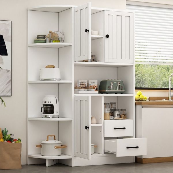 Merax Eckschrank Aufbewahrungsschrank Eckregal Mehrzweckschrank in Weiß (1-St, 104*35*155cm) mit 14 Ablagebereichen, 3 Schränken, 2 Schubladen & offenen Fächern