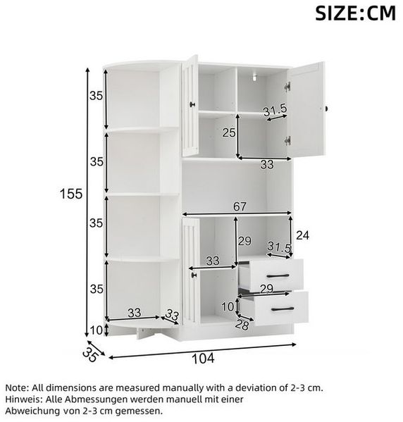 Merax Eckschrank Aufbewahrungsschrank Eckregal Mehrzweckschrank in Weiß (1-St, 104*35*155cm) mit 14 Ablagebereichen, 3 Schränken, 2 Schubladen & offenen Fächern Bild 4
