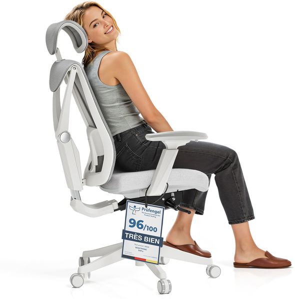 Desktronic Bürostuhl Verstellbarer Ergonomischer SitPro, Grau 3-Dimensional Armlehne, Integrierte 5-Wege-Lendenwirbelstütze