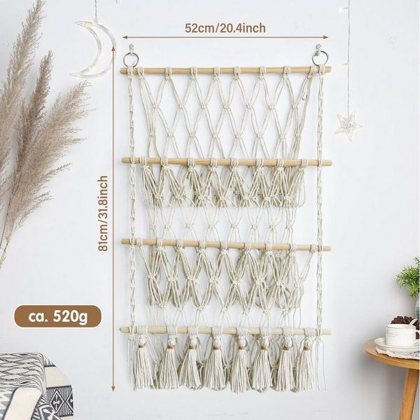MOPUEA Hängekorb Spielzeug Aufbewahrung Netz Stofftier-Organizer Handgefertig (mit Quasten Stofftier-Hängekorb aus Baumwollseil und Kiefernholz, 1 St, Vielseitiger Boho Spielzeug Organizer für Kinderzimmer, Schlafzimmer), dreistufig, Einfache Installat...