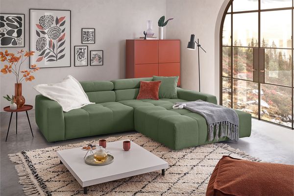 KAWOLA Sofa RENO Ecksofa Feincord olivgrün Longchair rechts 68 x 217 x 258 cm
