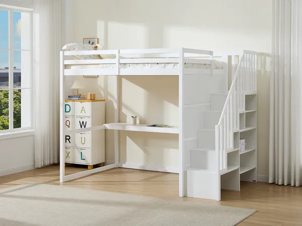 Vente-unique - MENIZI Bett Holz, Platte Weiß - B 147 cm x H 190 cm x L 246 cm