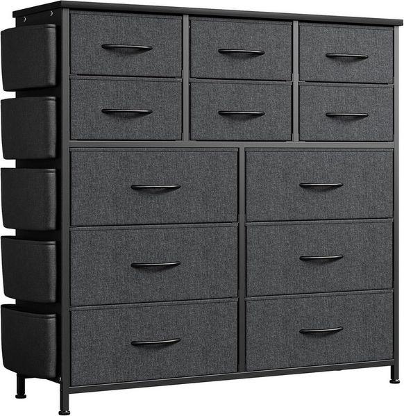 GarveeMore Kommode mit 12 Schubladen,5 Seitentaschen und 2 Haken,stabiler Metallrahmen