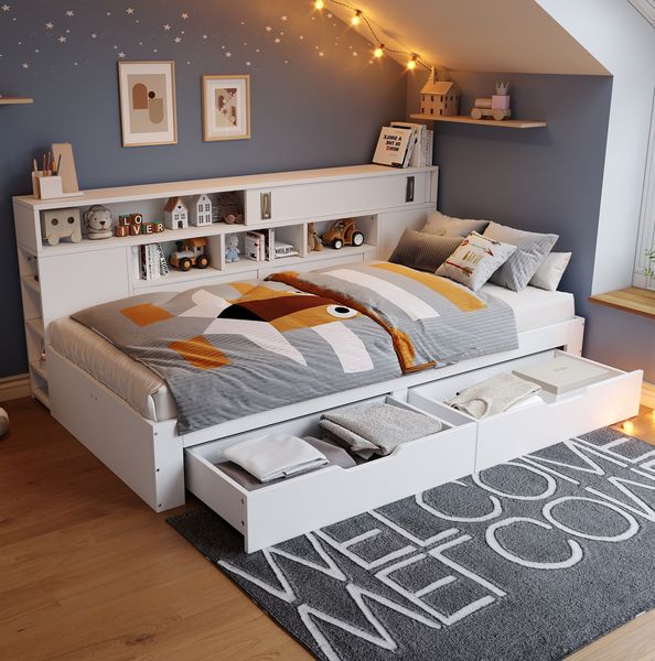 Kinderbett 90x190 cm mit 2 Schubladen, Schiebetüren und Regalen – Tagesbett aus MDF in Weiß