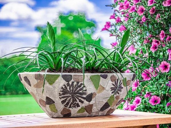 PROREGAL® Blumentopf Blütentopf mit Mosaik, Grau, breit, Keramik, 40,5 x 19 x 14 cm