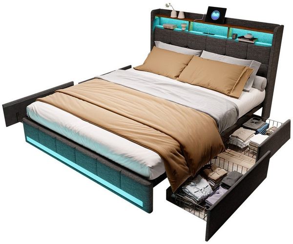 FUROKOY Polsterbett LED Doppelbett Bettgestell mit Stauraum,Stauraumbett (mit 4 Schubladen Ausgestattet,Polsterbett 160x200 cm), mit Lattenrost, Kopfteil,Leinen,ohne Matratze,Beige