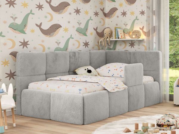 Jugendbett, Kinderbett mit Kopfteil ARVO ALTA 90x200 cm, Polsterbett mit Stauraum, hoher Schlafkomfort - Hellgrau Plüsch - Rechts - ELORI LUX