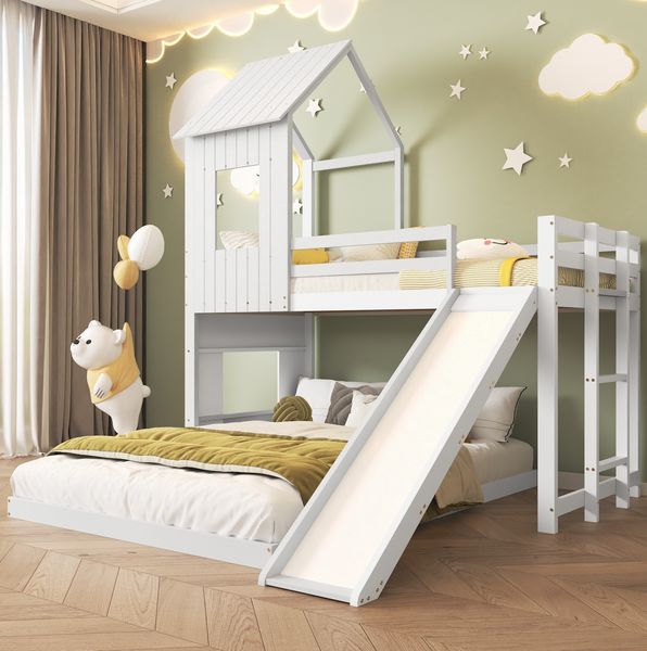 Etagenbett 210 x 227 x 216 cm mit Rutsche, Hausbett-Design, Leiter und Fallschutzgitter aus Kiefer und MDF, Weiß