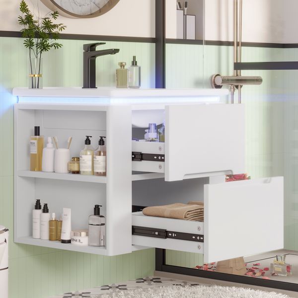Badezimmerschrank mit LED-Radarsensor-Licht & Keramikbecken – Hängeschrank mit Schubladen & Stauraum, 60x46x48,5cm, Weiß