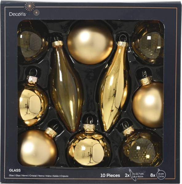 Decoris Weihnachtskugeln mit Tropfen-Ornamente aus Glas Ø 6 cm gold 10 Stück