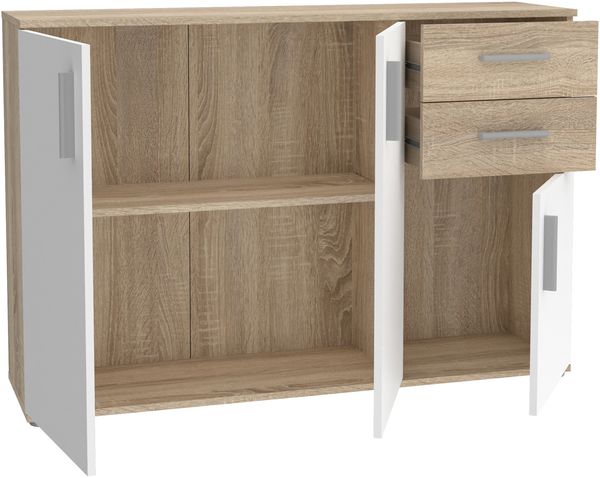 Forte IKOLI Kommode 120, moderne Kommode, 3-türig, 2 Schubladen, Wohn-/Schlafzimmer, Flur, Holzwerkstoff, Weiß mit Sonoma Eiche Holzdekor, 119,6 cm breit x 81,7 cm hoch x 31,4 cm tief Bild 5