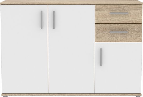 Forte IKOLI Kommode 120, moderne Kommode, 3-türig, 2 Schubladen, Wohn-/Schlafzimmer, Flur, Holzwerkstoff, Weiß mit Sonoma Eiche Holzdekor, 119,6 cm breit x 81,7 cm hoch x 31,4 cm tief Bild 2