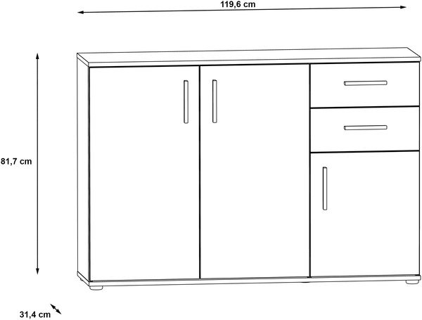 Forte IKOLI Kommode 120, moderne Kommode, 3-türig, 2 Schubladen, Wohn-/Schlafzimmer, Flur, Holzwerkstoff, Weiß mit Sonoma Eiche Holzdekor, 119,6 cm breit x 81,7 cm hoch x 31,4 cm tief Bild 6