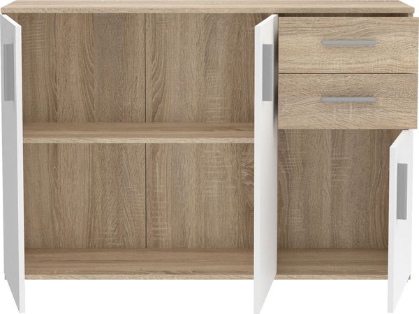 Forte IKOLI Kommode 120, moderne Kommode, 3-türig, 2 Schubladen, Wohn-/Schlafzimmer, Flur, Holzwerkstoff, Weiß mit Sonoma Eiche Holzdekor, 119,6 cm breit x 81,7 cm hoch x 31,4 cm tief Bild 4