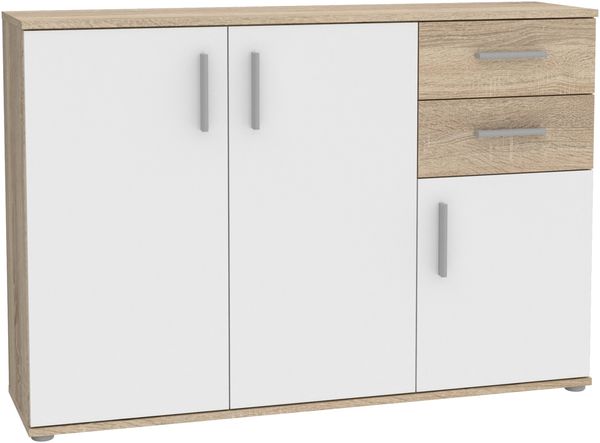 Forte IKOLI Kommode 120, moderne Kommode, 3-türig, 2 Schubladen, Wohn-/Schlafzimmer, Flur, Holzwerkstoff, Weiß mit Sonoma Eiche Holzdekor, 119,6 cm breit x 81,7 cm hoch x 31,4 cm tief Bild 3