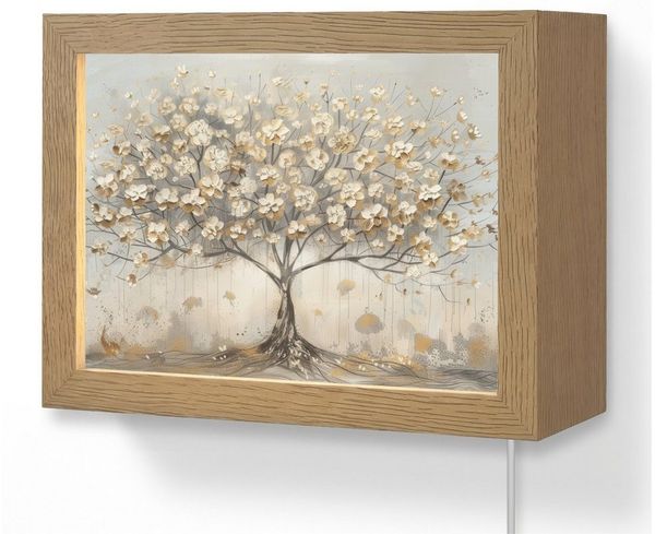 OnlyWow Wandleuchte Lightbox Baum - Beige - Gold - Lackoptik - Grau, Dimmbar, Farbwechsel, LED, Warmweiß, Kaltweiß, Neutralweiß Einstellbar, Wandlampe Innen, Dimmbar, mit Kabel, LED, Modern, Flur