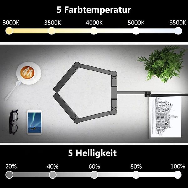 Sunicol LED Schreibtischlampe 105cm Schreibtischlampe,24W,mit Klemme,Transformierbar & drehbar, Touch-Steuerung, 3000-6500K, 5 Farbtemperatur & 5 Helligkeit