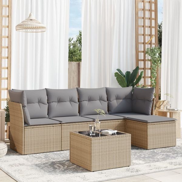 vidaXL 6-tlg. Garten-Sofagarnitur mit Kissen Beige Poly Rattan 3217569