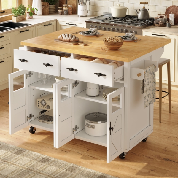 Servierwagen Küchenwagen Kücheninsel ausziehbar Rollwagen mit Glas-Türen Schublade Regale Barwagen Sideboard,Weiß