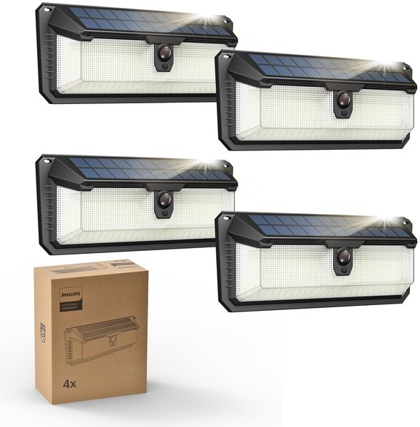 Philips Solarlampe Außen mit Bewegungsmelder, 258 LEDs Solarbetriebene Außen-Sicherheitsleuchte, 3 Modi, Wasserdichte Wandleuchte für Garten, Hof, Zaun, Garage (4 Stück)