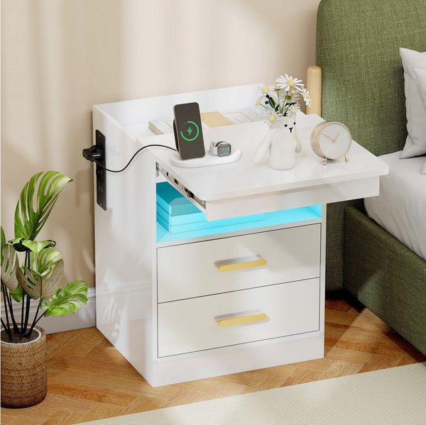 HOMCOM Nachttisch Beistelltisch mit LED-Beleuchtung, 2 AC-Steckdosen, 2 USB-Anschlüsse (Nachtschrank, 1-St, 1 Tisch), mit Ladestation, RGB-LED, Hochglanzoberfläche