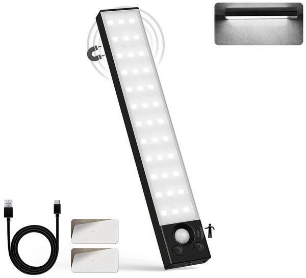 LQWELL LED Unterbauleuchte mit Bewegungsmelder, Dimmbar, Akku, USB-C Wiederaufladbar Schranklicht, LED fest integriert, Treppenlicht Nachttischlampe 22,5 cm, 1500 mAh, für Küche, Kleiderschrank, Schlafzimmer