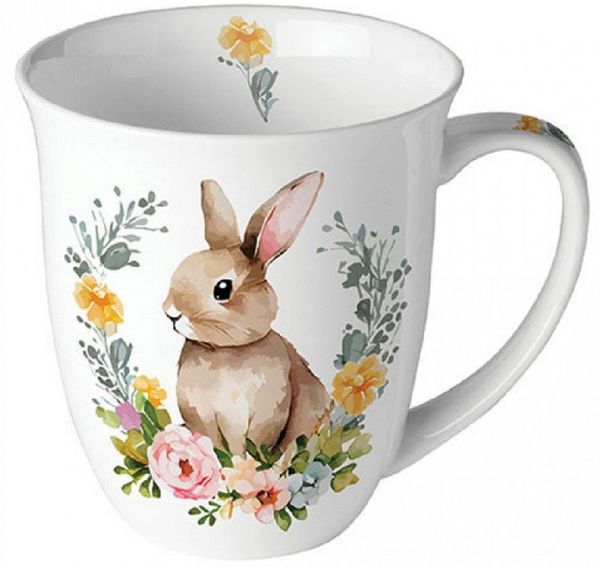 Ambiente Luxury Paper Products Becher Bauernhof, Sommer, Blumen, Planzen, Tiere, Ostern Kollektion, Porzellan Becher 0,4 l, Pflanzen, Hasen, Kaninchen, Süßer Osterhase, Frühling Tischdeko, Osterdeko, Tasse, Mug, Geschenke