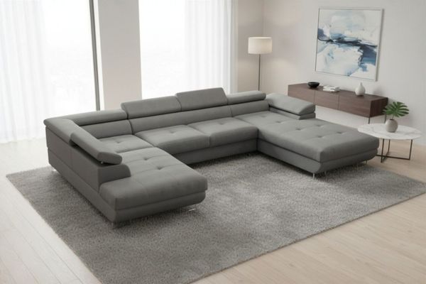 Wohnlandschaft Schlafsofa GIANLUCA in Stoff Gerra Grau Ottomane 105 cm Rechts