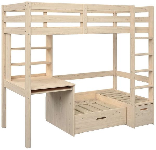 OTTO home Etagenbett HENNE' TOPSELLER! Hochbett, Ideal für kleine Räume, 2 Schlafplätze (zweiter Schlafplatz ausziehbar, B/H/T ca. 208/180/105cm), mit Polsterauflagen, Schreibtisch, Stauraum, seitenverkehrt montierbar
