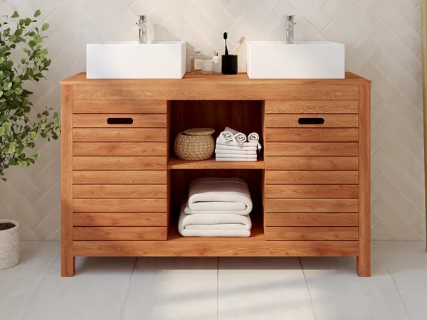Vente-unique - PULUKAN Waschbeckenmöbel KeramikHolz, Platte Braun - B 50 cm x H 83 cm x L 130 cm