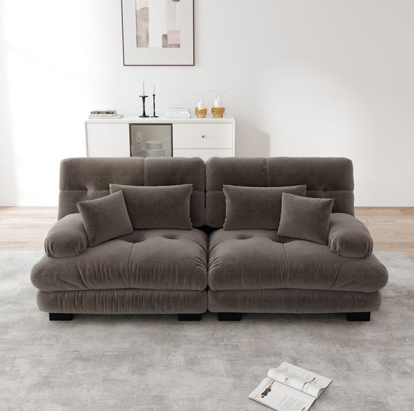 Ecksofa modular 81cm×220cm×77cm aus Chenille in Braun – mit 2 Lendenkissen und 2 Dekokissen