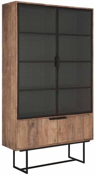 Vitrine Odeon aus Teakholz, Industrial Design mit 4 Klapptüren, natur, Metallgestell schwarz