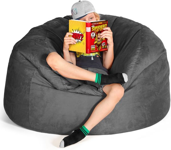 Grean Bean® Jumbo Max Riesensitzsack mit Memory-Schaum Flockenfüllung – Sitzsack XXL aus flauschigem Velours in 4ft (120x70cm) Dunkelgrau – Indoor Lounge-Sitzsack waschbar & gemütlich