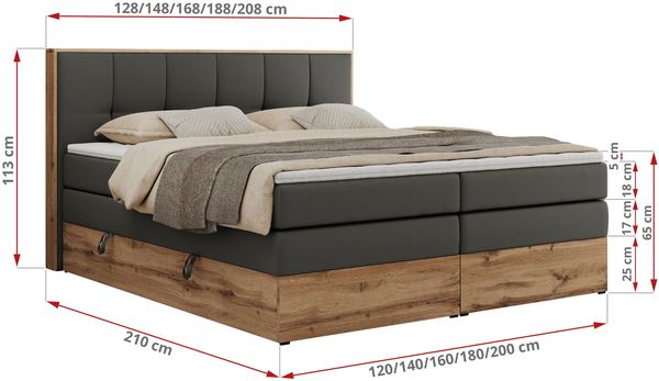 Boxspringbett, Doppelbett mit zwei 7 Härtezonen Multipocket-Matratzen, Bettkästen, Eiche Wotan Holzrahmen, Polsterbett mit Topper-Matratze - ALBERO 1 KING - 120 x 200 cm - Dunkelgrau Kunstleder - H4 Bild 6