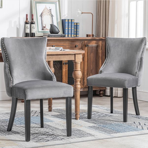 Eleganter Polsterstuhl aus Samt mit Knopfsteppung und geschwungenen Massivholzbeinen,weicher Polsterung,Grau