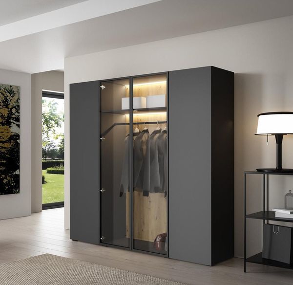 Compleo Kleiderschrank Drehtürenschrank, Designer-Schrank mit modernem Look STELLS LED-Beleuchtung, Push to open Funktion
