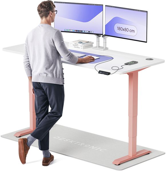 Desktronic HomePro Elektrisch höhenverstellbarer Schreibtisch 180x80cm Rosa/Weiß mit Memory-Funktion, Anti-Kollisions Technologie, USB-A und USB-C-Ladeanschlüssen