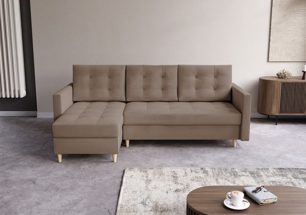AX LIVING Kleine Couch L Form Nesbit 224cm Braun mit Schlaffunktion&Bettkasten