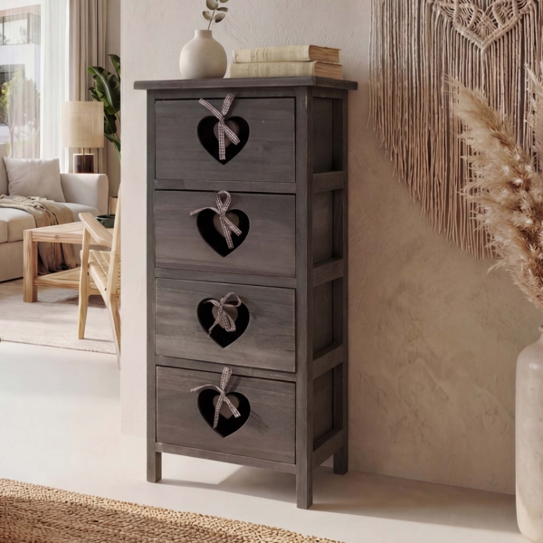 Kommode Forli, Schubladenkommode Schrank, 4 Schubladen mit Herzen 70x29x25cm, Shabby-Look, Vintage ~ grau-braun