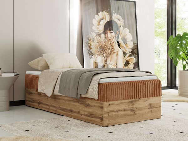 Boxspringbett, Einzelbett WOOD ZERO 90 x 200 cm, Hotelbett ohne Kopfteil, Bett mit Stauraum, 7-Zonen Multipocket-Matratze - Orange Cordstoff - H3 - Topper T25
