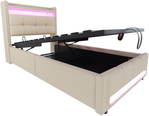Polsterbett 90x200 cm mit Stauraum, LED-Beleuchtung und USB-Steckdose – Leinenbezug, Hydraulik Bild 7