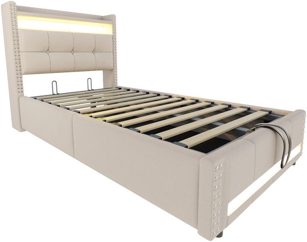 Polsterbett 90x200 cm mit Stauraum, LED-Beleuchtung und USB-Steckdose – Leinenbezug, Hydraulik Bild 8