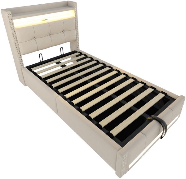 Polsterbett 90x200 cm mit Stauraum, LED-Beleuchtung und USB-Steckdose – Leinenbezug, Hydraulik Bild 9